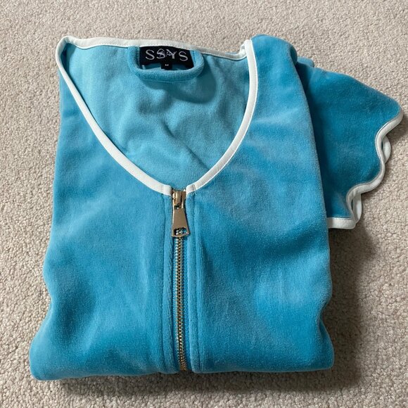 SSYS  Get Ready Robe Sz Med Ocean Blue Full Zip Front Flutter Sleeve FREE Lotion - Picture 4 of 6